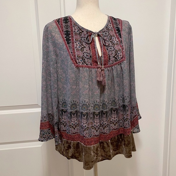 Knox Rose Boho Peasant Blouse XL Velvet Paisley Tassels Statement Sleeves Fairy - Picture 15 of 15